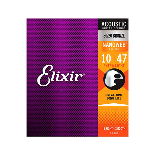 Elixir 11002 Nanoweb 80/20 Bronze Acoustic Guitar Strings, Extra Light, 10-47